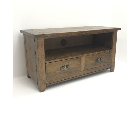 Barker & Stonehouse Frontier Range mango wood television stand, two single shelf, two drawers, stile supports, W115cm, H61cm,