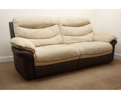 DFS grande sofa, upholstered in natural and suede fabric (W230cm)  and a matching electric reclining chair (W114cm) and foots