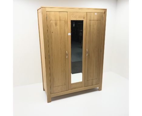 Light oak triple wardrobe, two doors flanking central mirror, stile supports, W133cm, H186cm, D56cm