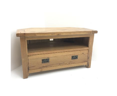 Light oak corner television stand, single drawer, stile supports, W102cm, H56cm, D51cm Condition Report Click here for furthe