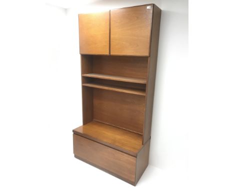 Mid century teak cabient, four cupboard doors, single shelf, fall front unit, W102cm, H204cm, D49cm