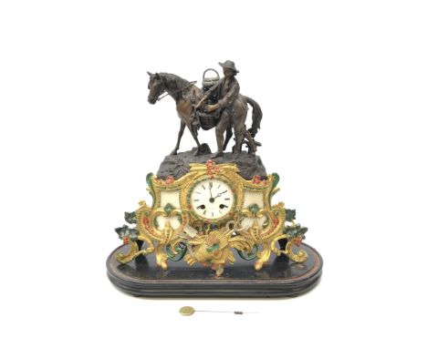 19th century bronzed spelter figural mantel clock, figure depicting horse with farm hand, the Roman dial signed 'Hrv Marc a P