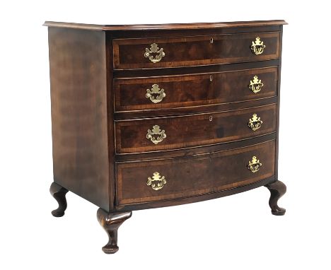 George l style crossbanded and figured walnut bow front chest, the four graduated cockbeaded drawers with brass handles and s