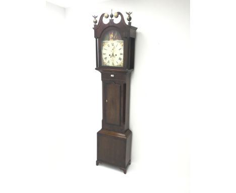 Early 19th century inlaid oak longcase clock, swan neck pediment, arched dial with Roman numerals, eight day movement by Benj