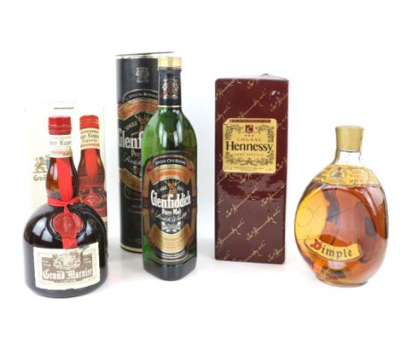 Cognac and whisky - four bottles to include- Glenfiddich Single Malt, distilled and bottled by William Grant and Sons (70cl) 
