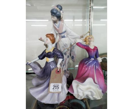 China figures, Lladro Japanese Lady, Royal Doulton Melissa (pink) and Jacqueline (blue)