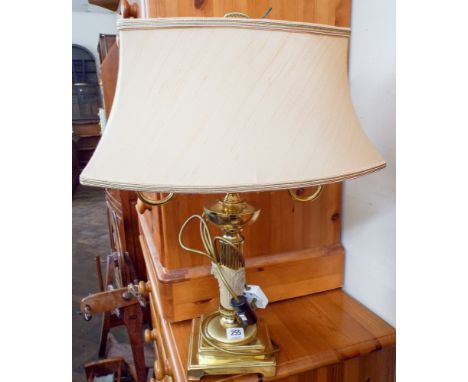 A brass Corinthian column, two branch table lamp with shade  