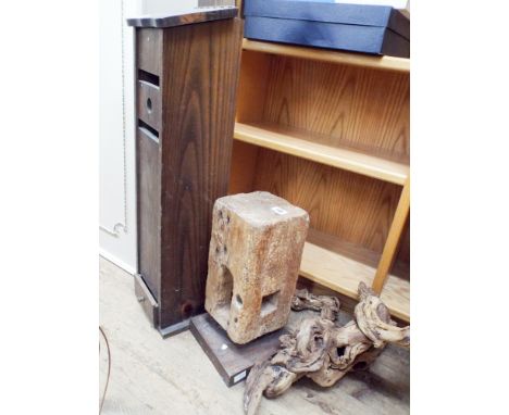 A French stick box, old carved wood stand, driftwood ornament etc 