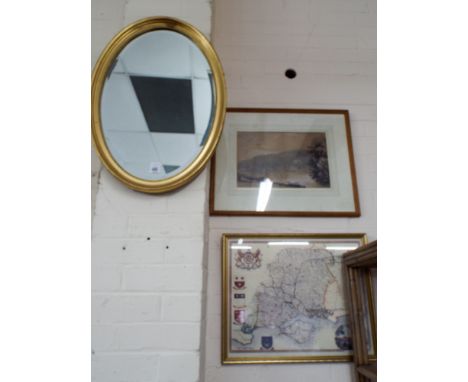 A map of Hampshire, a black and white engraving, a print and an oval mirror in gilt frame  