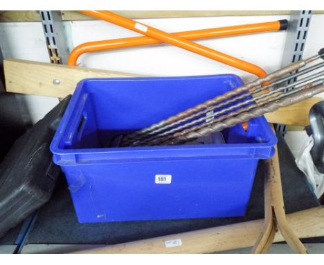 A quantity of new hinges, brackets etc, fold up saw horse, pick axe handle, extra long masonry drill set 60cms long, part scr