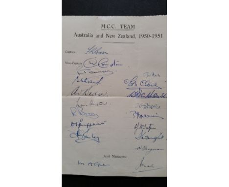 CRICKET, signed teamsheet by 1950/1 MCC team to Australia & New Zealand, all 19 signatures, inc. Brown, Compton, Simpson, Bed