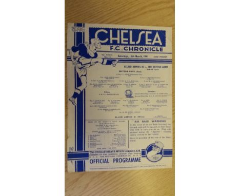 FOOTBALL, programme, British Army v Allied Armies, 15th March 1941, played at Chelsea, single sheet issue, G