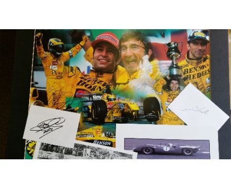 MOTOR RACING, signed photos etc., inc. Jack Brabham, John Surtees, Jarno Trulli, Ricardo Patrese, Damon Hill & Eddie Jordan (