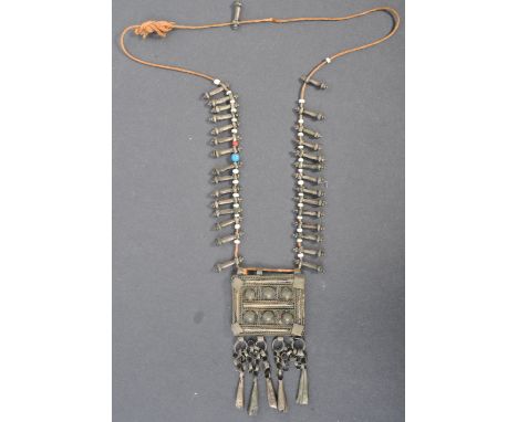 Tribal Antiquities - an antique believed 19th century African / Ethiopian white metal tribal amulet necklace. The necklace wi
