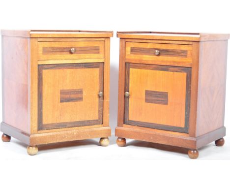 A pair of early 20th Century French Art Deco antique walnut and rosewood bedside tables / bedside cabinets having a square ga