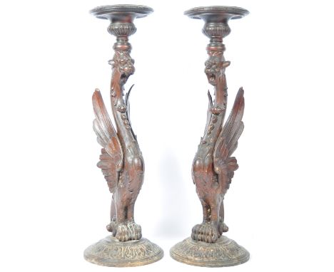 An incredible pair of 19th Century Italian Renaissance revival antique hand carved oak torchere planter jardiniere / bust sta