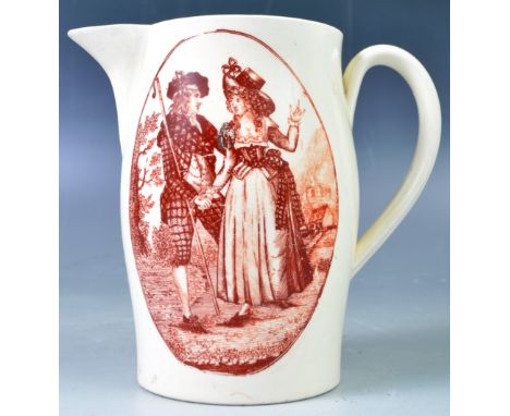 A rare 18th Century Georgian Creamware ceramic jug entitles The Bachelors Wish having oval cartouche depicting a courting cou