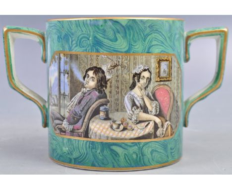 A rare 19th Century Victorian English antique green malachite Prattware ceramic loving cup tankard depicting the famous Passi