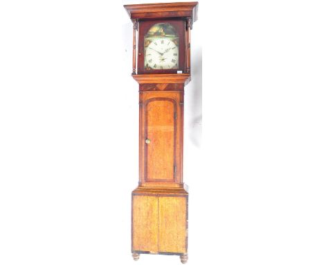 An 18th Century Georgian English antique oak and flame mahogany 30 hour longcase clock / Grandfather clock having a hand pain