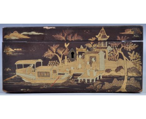 A stunning 19th Century Chinese antique black lacquer tea caddy box having hand gilded detailed scenes with figures, landscap