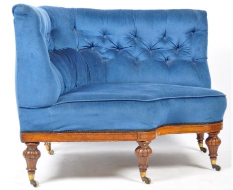 A superb 19th Century Victorian English antique button back corner sofa settee / loveseat upholstered in a striking blue fabr