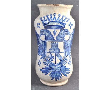 A late 18th / early 19th Century Georgian Italian antique tin glazed Maiolica&nbsp;albarello vase. The vase bearing a blue fi