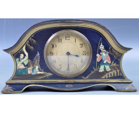 An early 20th Century Art Deco Swiss made mantle clock / mantel clock. Black lacquered chinoiserie decoration with hand paint