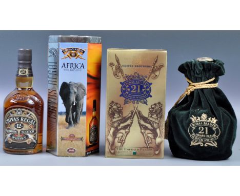 Two bottles of Chivas Regal Blended Scotch Whisky comprising A Royal Salute 21 Years Old The Emerald Flagon bottle within bag