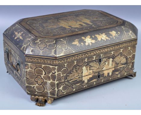 A beautiful early 19th Century Chinese antique black lacquer sewing box / work box / writing box of cushioned octagonal form 