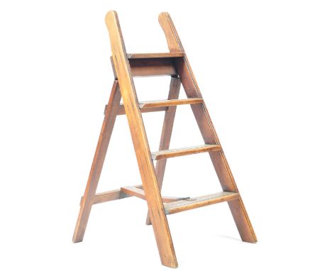A 19th Century English antique country house pine set of library steps / folding step ladder. Metamorphic folding action with
