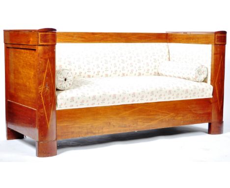 An early 19th Century Danish antique Copenhagen mahogany sofa settee having geometric boxwood inlay diamond lozenges. The two