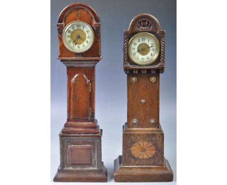 Two 19th Century English&nbsp; antique apprentice piece / salesman miniature models of longcase clocks grandfather clocks. Ea