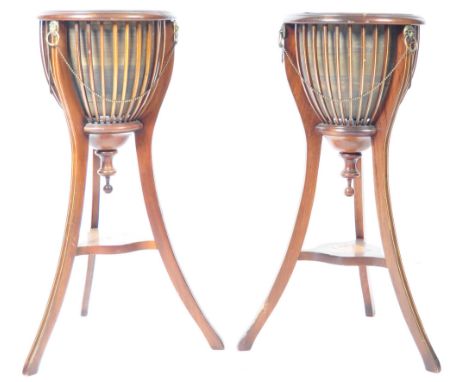 A rare pair of early 20th Century Edwardian English antique Empire style oak and tulipwood inlay jardiniere planters of baske