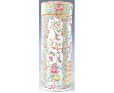 A 19th Century Chinese Cantonese Canton porcelain vase of cylindrical form decorated in the famille rose pattern having hand 