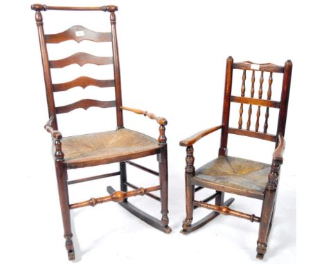 A graduating parent and child pair of 19th Century Victorian English antique Rocking chairs comprising a Macclesfield ladder 