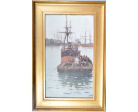An early 20th century oil on board painting titled ' Hartlepool Docks '. The painting showing a single ship moored to a float