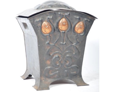 A 19th Century Victorian English antique Arts and Crafts copper and steel coal bucket scuttle bin having a relief decorated l