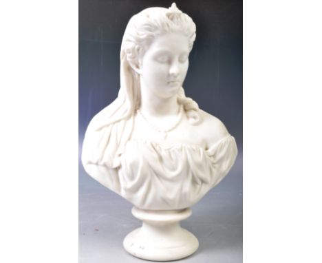 A 19th Century English antique parian ware white marble effect bust statue believed to depict a young Queen Victorian with st