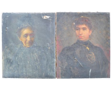 A pair of 19th Century French School oil on canvas paintings family portrait studies of a mother and daughter. The mother wea
