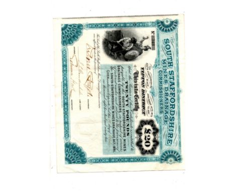    Share cert South Staffordshire Mines Drainage Commissioners, Tipton District, £20 interest certificate 1891               