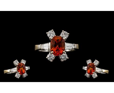 18ct White Gold Stunning and Quality Fire Opal and Diamond Set Dress Ring. The Faceted Fire Opal of Wonderful Colour / Sparkl