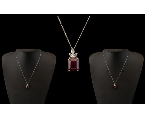Ladies Sterling Silver Pendant &amp; Chain, decorated with a central ruby red stone and crystals.  Attractive piece, please s