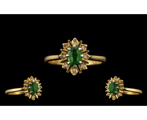 Ladies Attractive / Well Designed 18ct Gold Green Tour-maune and Diamond Set Ring. Starburst Setting. Full Hallmark for 750 -