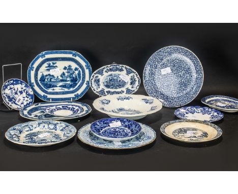 Selection of Antique Pottery Plates &amp; Dishes  - Willow Pattern, Nant-Mill, Rodgers, Turner, Wedgwood, Spode, etc.  As fou