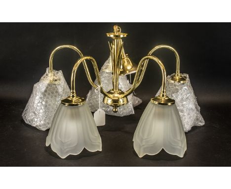 Brass Light Fitting with Five Arms &amp; Glass Light Shades.  Electric ceiling light fitting in heavy lacquered brass, with f