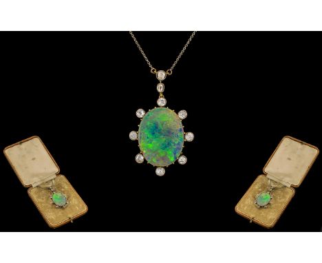 Victorian Period Superb Quality 18ct Gold Opal and Diamond Set Long Drop Pendant Necklace of large proportions, the pendant a