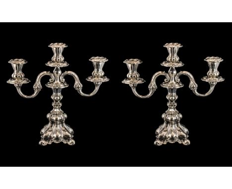 Danish - Superb Quality Mid 20th Century Georgian Style Pair of Silver 3 Branch / Light Candelabra of Pleasing Form and Propo