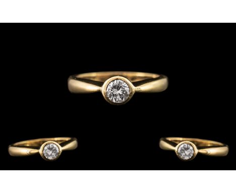 18ct Yellow Gold - Pleasing Quality Single Stone Diamond Set Ring of Contemporary Design. Full Hallmark for 18ct - 750. The B