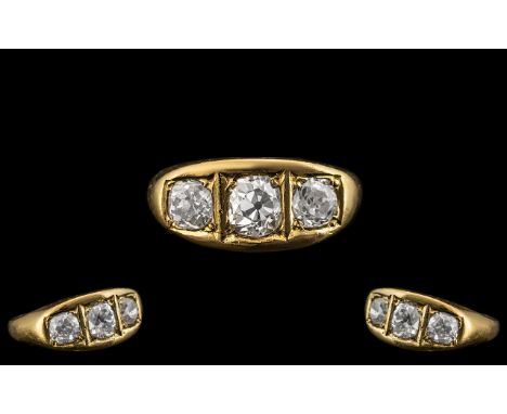 Superb 18ct Gold Three Stone Diamond Set Ring, the three cushion cut diamonds, of superb colour and clarity, in an excellent 