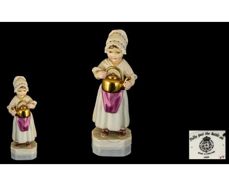 Royal Worcester Hand Painted Porcelain Figure ( Early ) ' Polly Put The Kettle On ' RW.3303. Modeller Freda Doughty. Issued 1